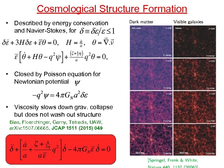 Cosmological Structure Formation • Described by energy conservation and Navier-Stokes, for • Closed by