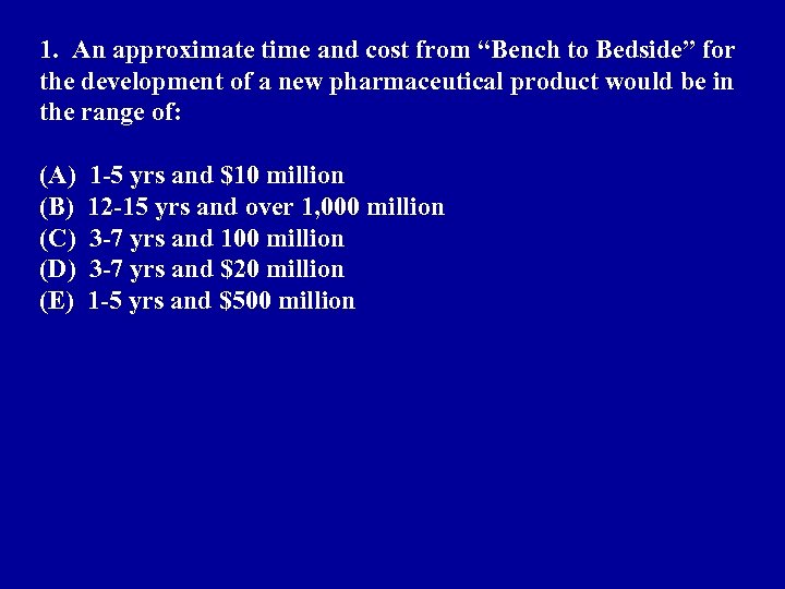 1. An approximate time and cost from “Bench to Bedside” for the development of