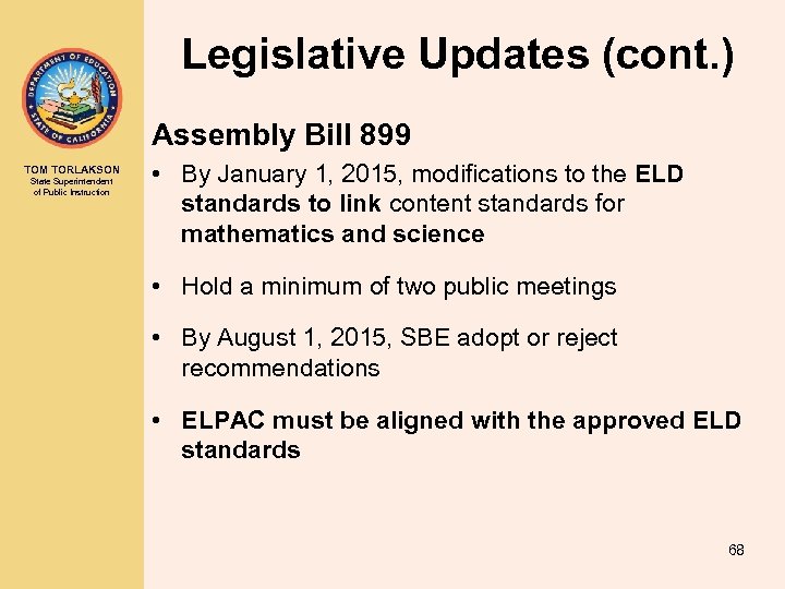 Legislative Updates (cont. ) Assembly Bill 899 TOM TORLAKSON State Superintendent of Public Instruction