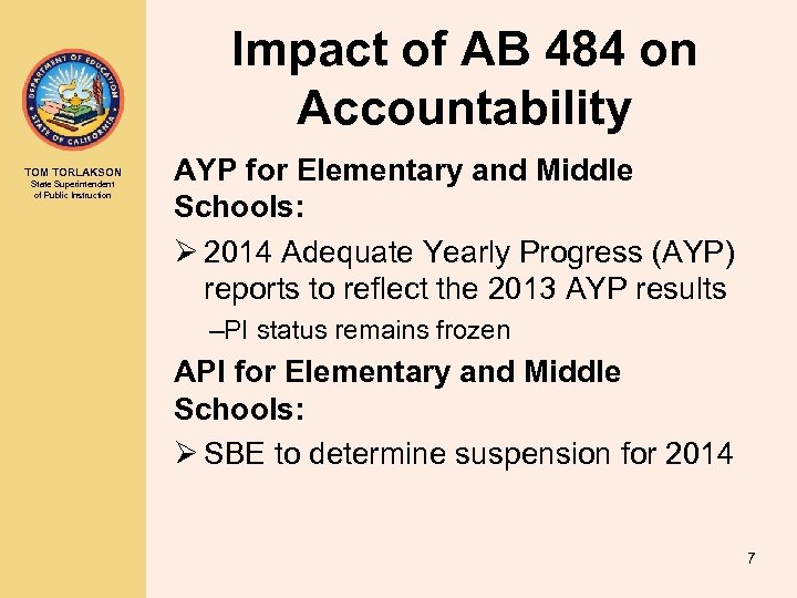 Impact of AB 484 on Accountability TOM TORLAKSON State Superintendent of Public Instruction AYP
