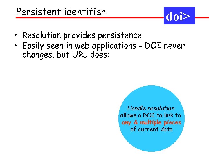Persistent identifier doi> • Resolution provides persistence • Easily seen in web applications -