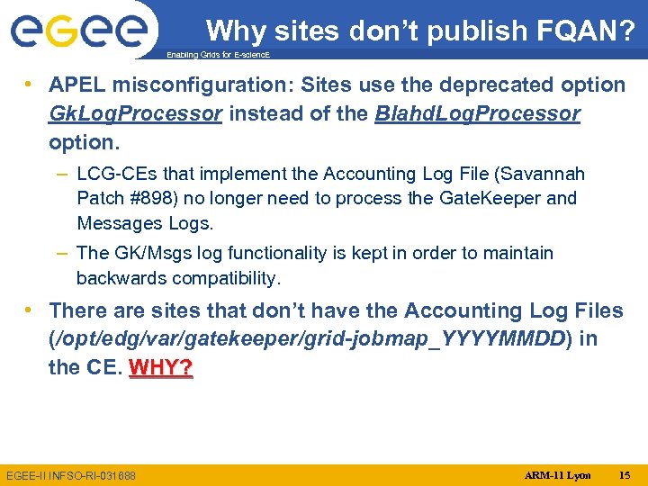 Why sites don’t publish FQAN? Enabling Grids for E-scienc. E • APEL misconfiguration: Sites