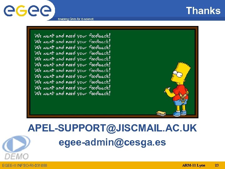 Thanks Enabling Grids for E-scienc. E APEL-SUPPORT@JISCMAIL. AC. UK egee-admin@cesga. es EGEE-II INFSO-RI-031688 ARM-11