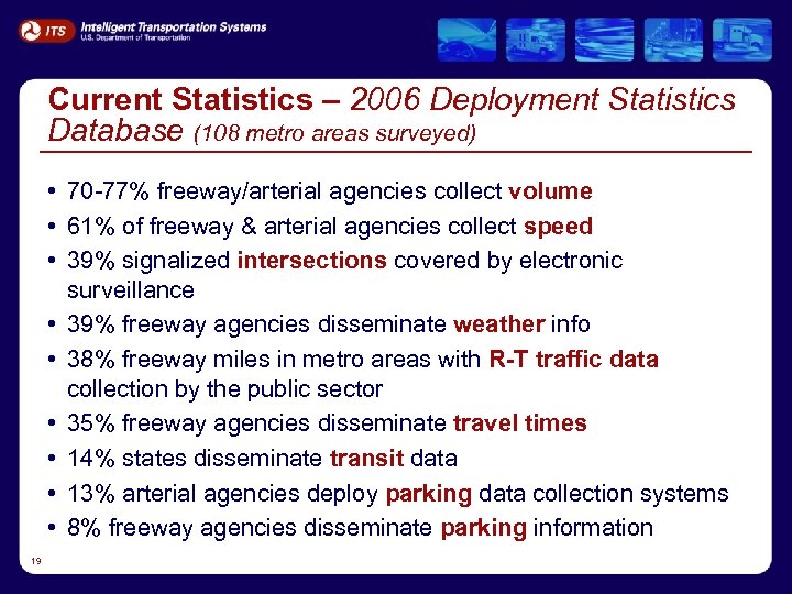 Current Statistics – 2006 Deployment Statistics Database (108 metro areas surveyed) • 70 -77%