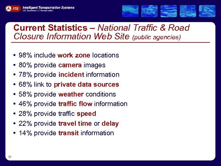 Current Statistics – National Traffic & Road Closure Information Web Site (public agencies) •