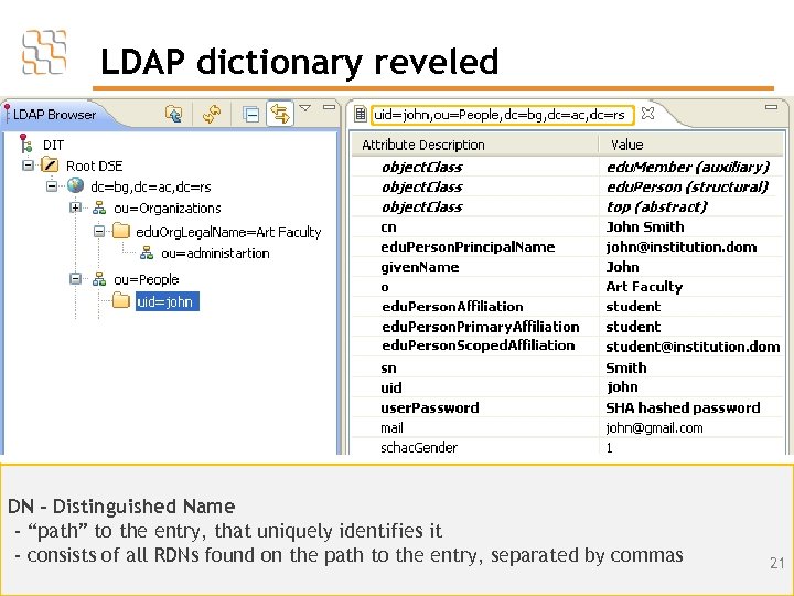 LDAP dictionary reveled DN – Distinguished Name - “path” to the entry, that uniquely