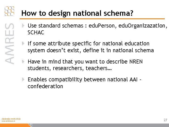 How to design national schema? Use standard schemas : edu. Person, edu. Organizazation, SCHAC