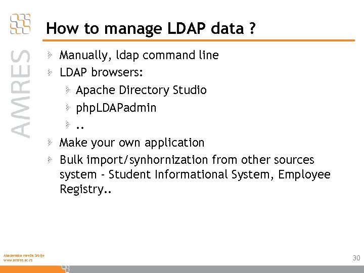 How to manage LDAP data ? Manually, ldap command line LDAP browsers: Apache Directory