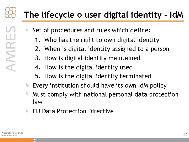 The lifecycle o user digital identity - Id. M Set of procedures and rules