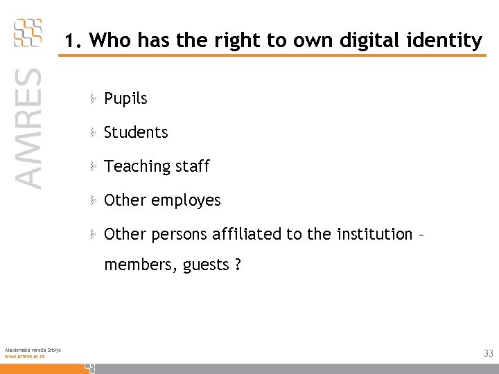 1. Who has the right to own digital identity Pupils Students Teaching staff Other