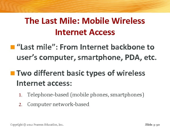 The Last Mile: Mobile Wireless Internet Access n “Last mile”: From Internet backbone to