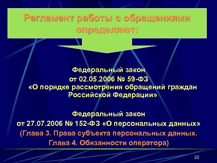 Регламент работы с обращениями определяют: Федеральный закон от 02. 05. 2006 № 59 -ФЗ
