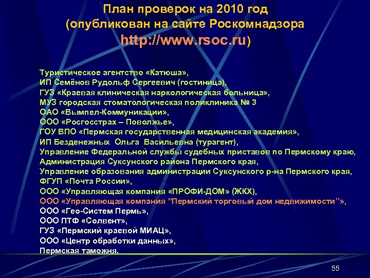 План проверок на 2010 год (опубликован на сайте Роскомнадзора http: //www. rsoc. ru) Туристическое