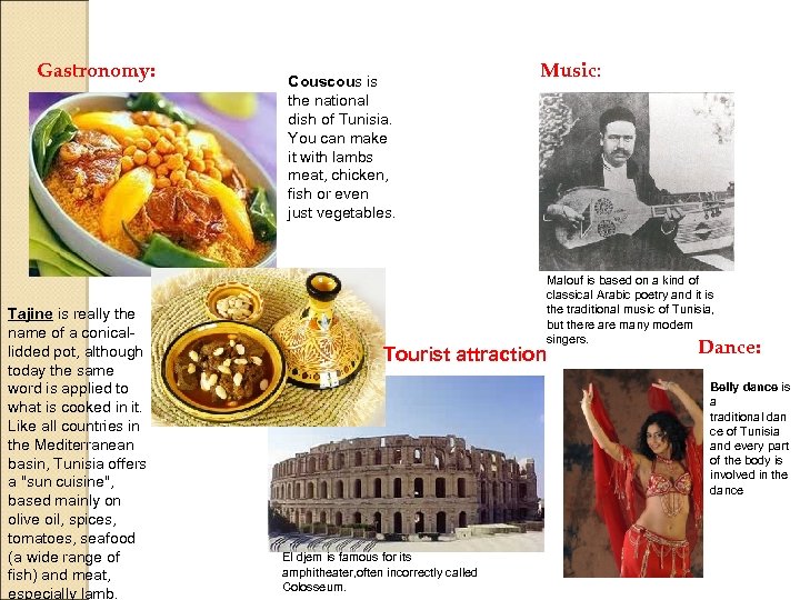  Gastronomy: Tajine is really the name of a conicallidded pot, although today the