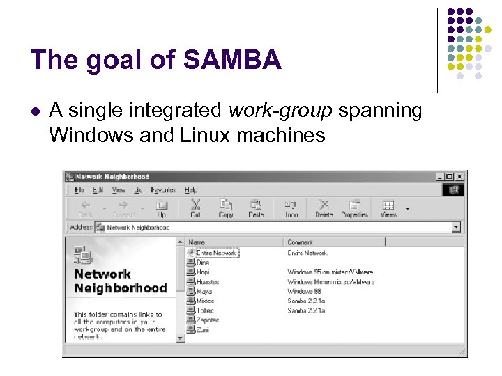 The goal of SAMBA l A single integrated work-group spanning Windows and Linux machines