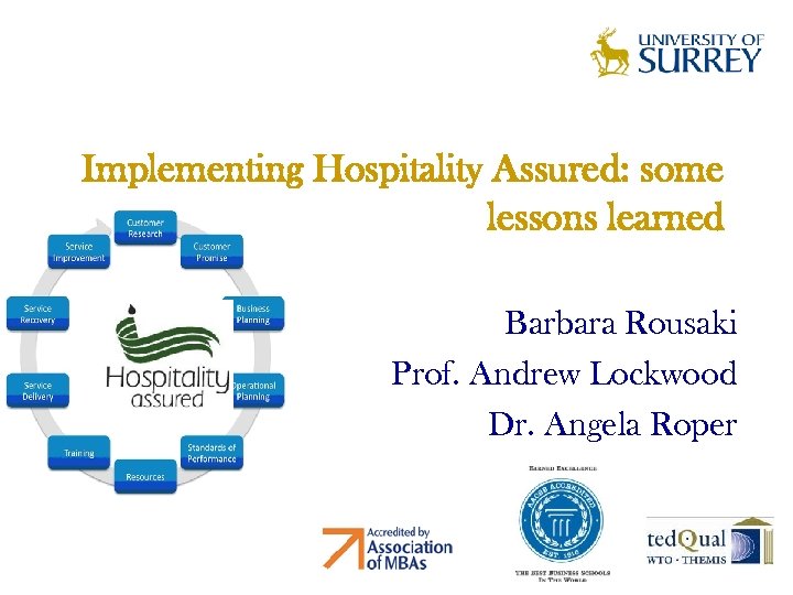 Implementing Hospitality Assured: some lessons learned Barbara Rousaki Prof. Andrew Lockwood Dr. Angela Roper