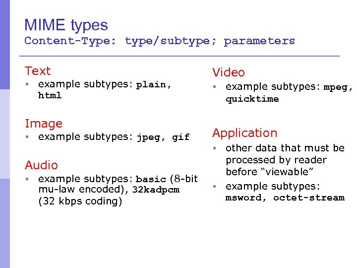 MIME types Content-Type: type/subtype; parameters Text § example subtypes: plain, html Image § example