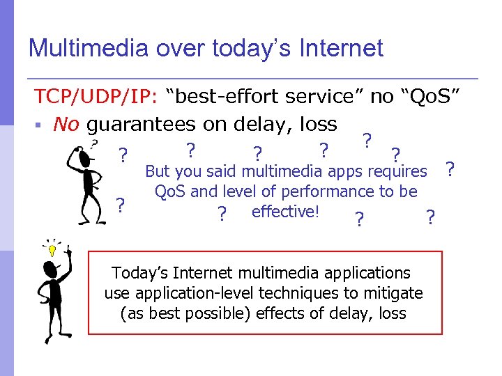 Multimedia over today’s Internet TCP/UDP/IP: “best-effort service” no “Qo. S” § No guarantees on