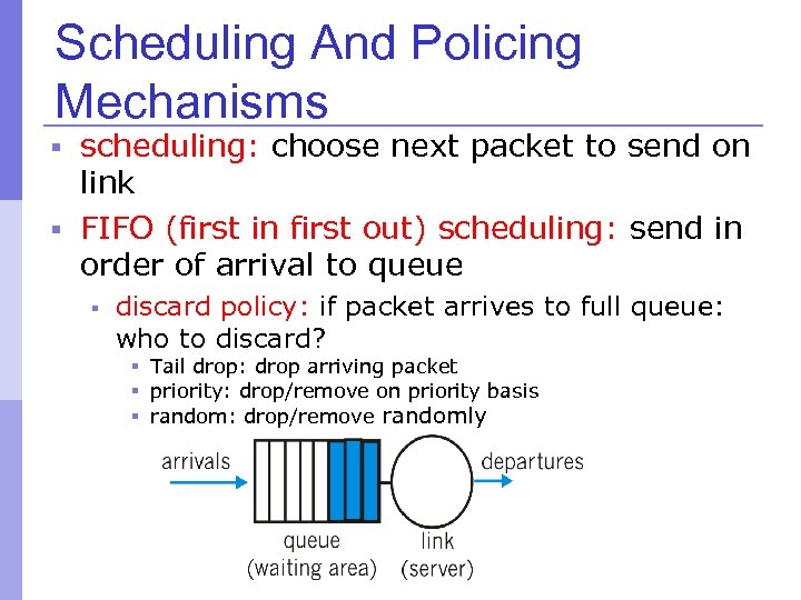 Scheduling And Policing Mechanisms § scheduling: choose next packet to send on link §