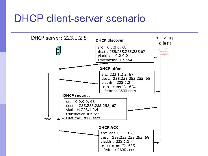 DHCP client-server scenario DHCP server: 223. 1. 2. 5 DHCP discover src : 0.