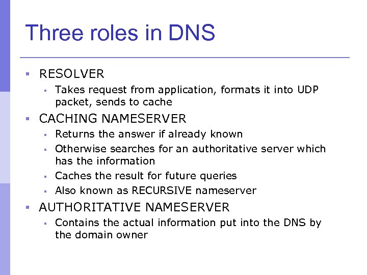 Three roles in DNS § RESOLVER § Takes request from application, formats it into