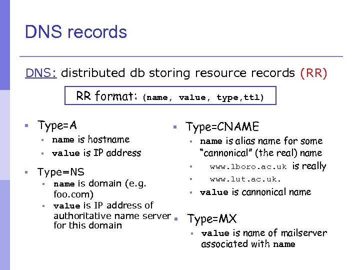 DNS records DNS: distributed db storing resource records (RR) RR format: § Type=A §