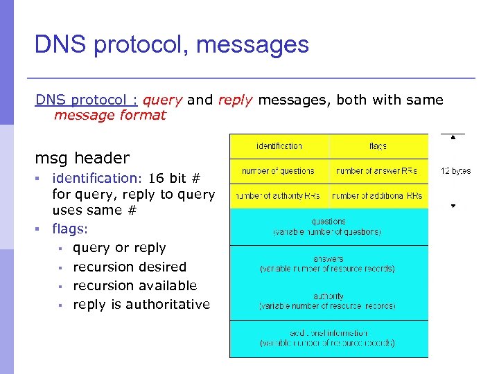 DNS protocol, messages DNS protocol : query and reply messages, both with same message