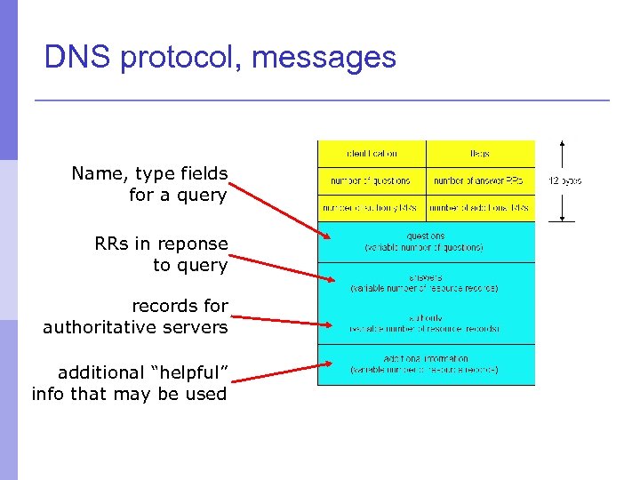 DNS protocol, messages Name, type fields for a query RRs in reponse to query