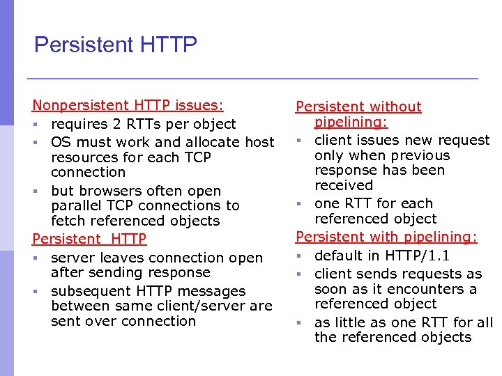 Persistent HTTP Nonpersistent HTTP issues: § requires 2 RTTs per object § OS must