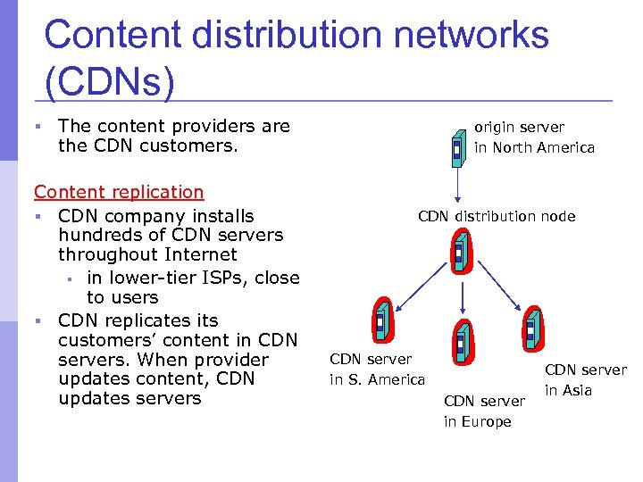 Content distribution networks (CDNs) § The content providers are the CDN customers. Content replication