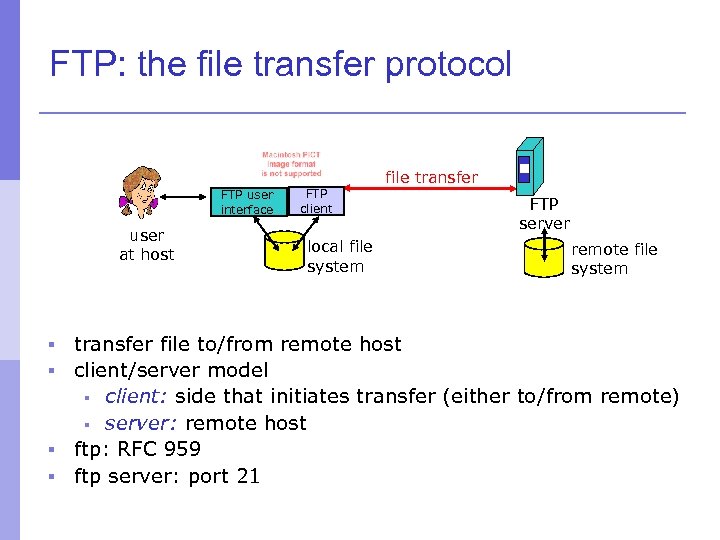 FTP: the file transfer protocol file transfer FTP user interface user at host FTP