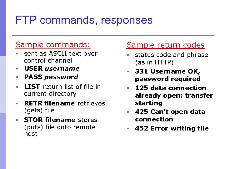 FTP commands, responses Sample commands: Sample return codes sent as ASCII text over control