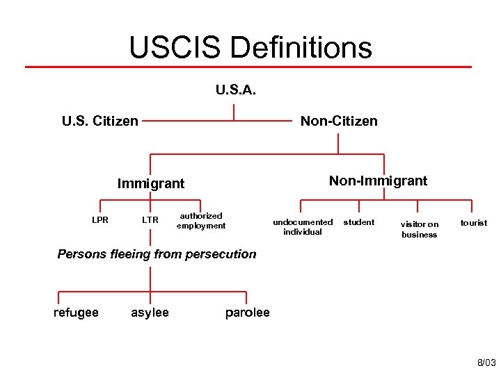 USCIS Definitions U. S. A. U. S. Citizen Non-Immigrant LPR LTR authorized employment undocumented