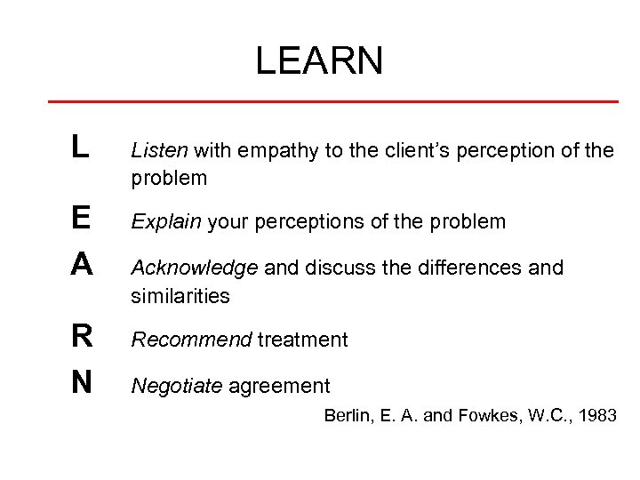 LEARN L Listen with empathy to the client’s perception of the problem E A