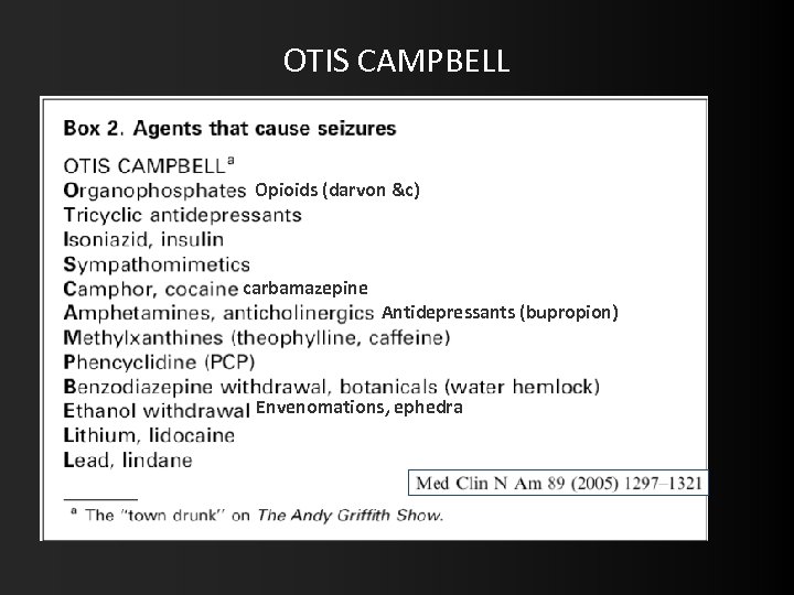 OTIS CAMPBELL Opioids (darvon &c) carbamazepine Antidepressants (bupropion) Envenomations, ephedra 