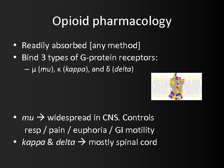 Opioid pharmacology • Readily absorbed [any method] • Bind 3 types of G-protein receptors: