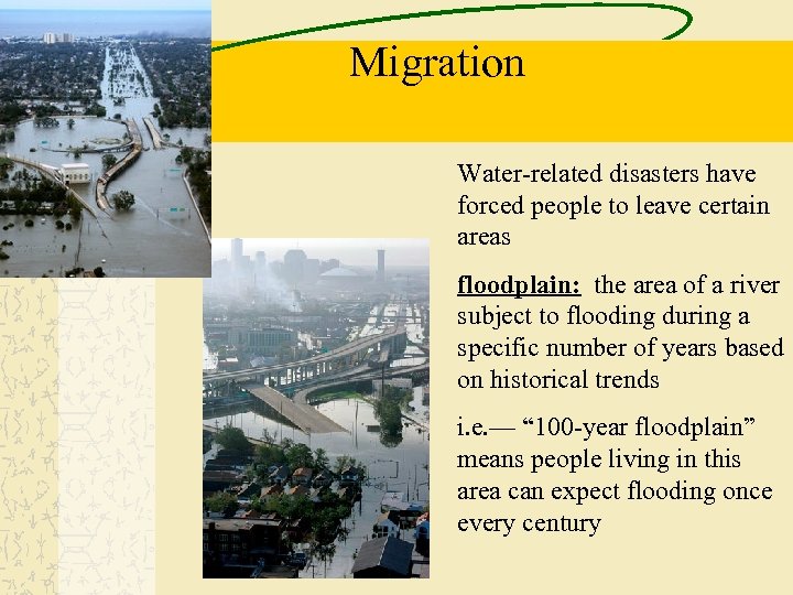 Migration Water-related disasters have forced people to leave certain areas floodplain: the area of