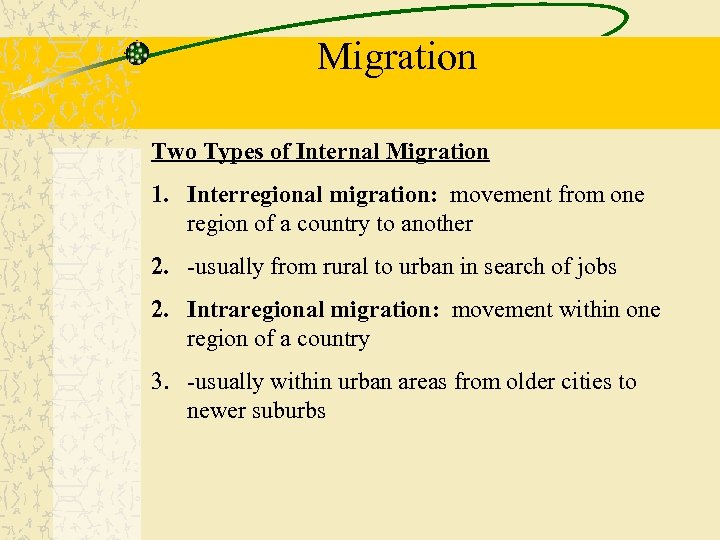 Migration Two Types of Internal Migration 1. Interregional migration: movement from one region of