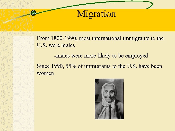 Migration From 1800 -1990, most international immigrants to the U. S. were males -males