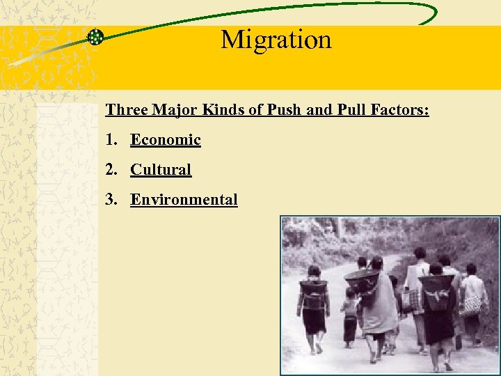 Migration Three Major Kinds of Push and Pull Factors: 1. Economic 2. Cultural 3.