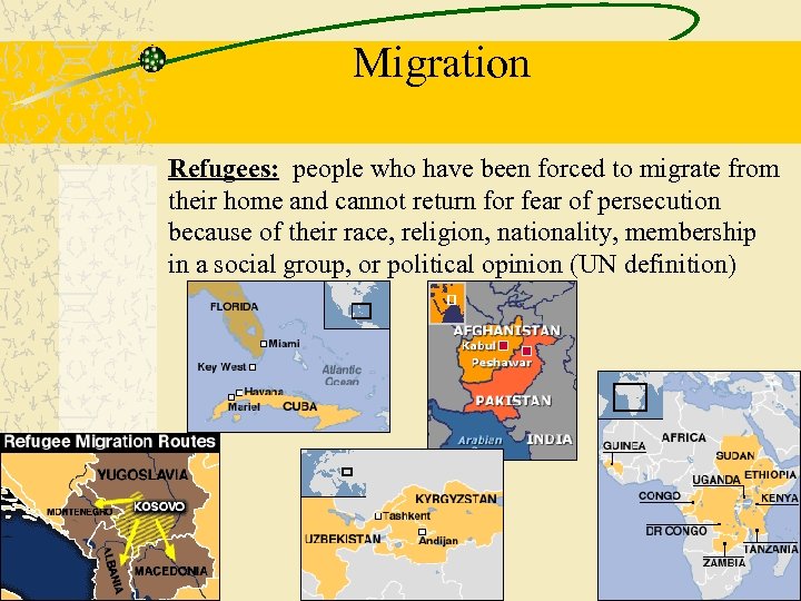 Migration Refugees: people who have been forced to migrate from their home and cannot