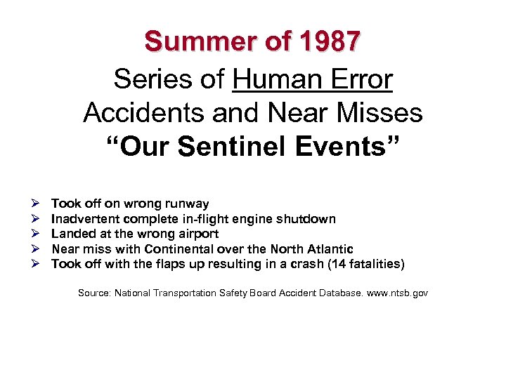 Summer of 1987 Series of Human Error Accidents and Near Misses “Our Sentinel Events”