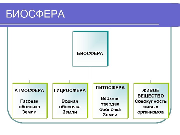 БИОСФЕРА АТМОСФЕРА ГИДРОСФЕРА Газовая оболочка Земли Водная оболочка Земли ЛИТОСФЕРА Верхняя твердая оболочка Земли