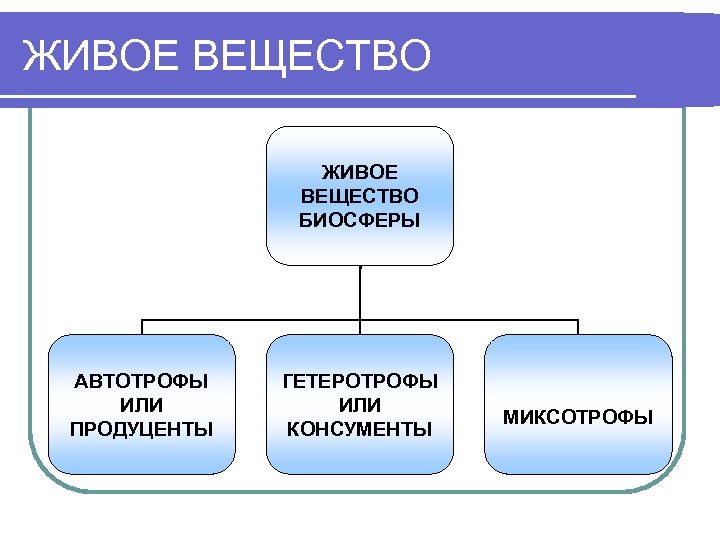 ЖИВОЕ ВЕЩЕСТВО БИОСФЕРЫ АВТОТРОФЫ ИЛИ ПРОДУЦЕНТЫ ГЕТЕРОТРОФЫ ИЛИ КОНСУМЕНТЫ МИКСОТРОФЫ 