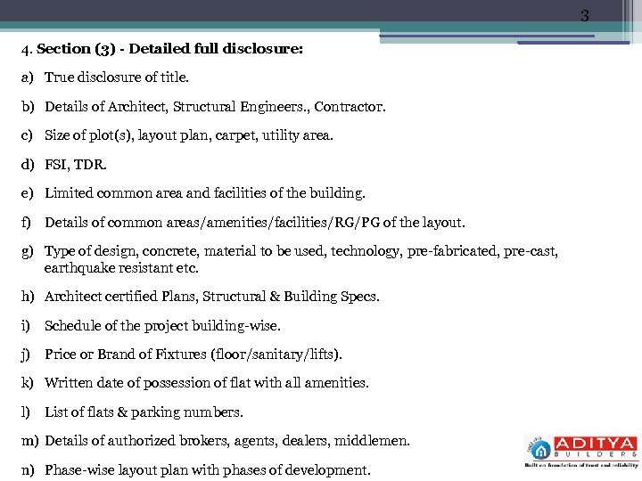 3 4. Section (3) - Detailed full disclosure: a) True disclosure of title. b)