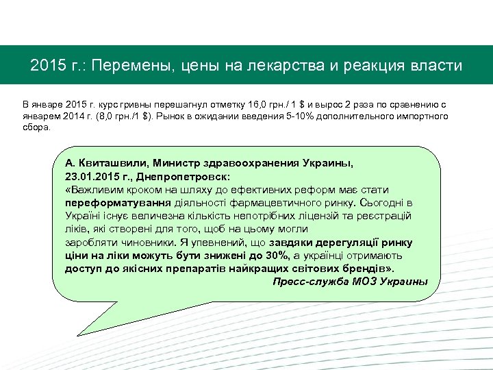  2015 г. : Перемены, цены на лекарства и реакция власти В январе 2015