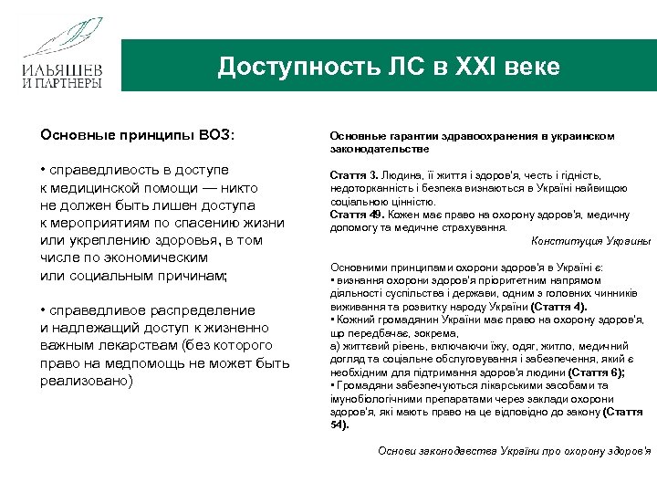 Доступность ЛС в XXI веке Основные принципы ВОЗ: • справедливость в доступе к медицинской