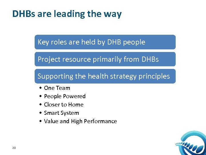 DHBs are leading the way Key roles are held by DHB people Project resource