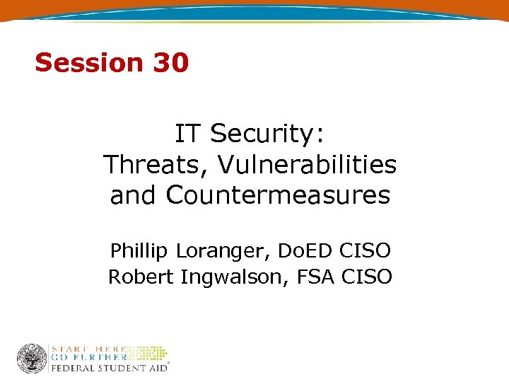 Session 30 IT Security: Threats, Vulnerabilities and Countermeasures Phillip Loranger, Do. ED CISO Robert