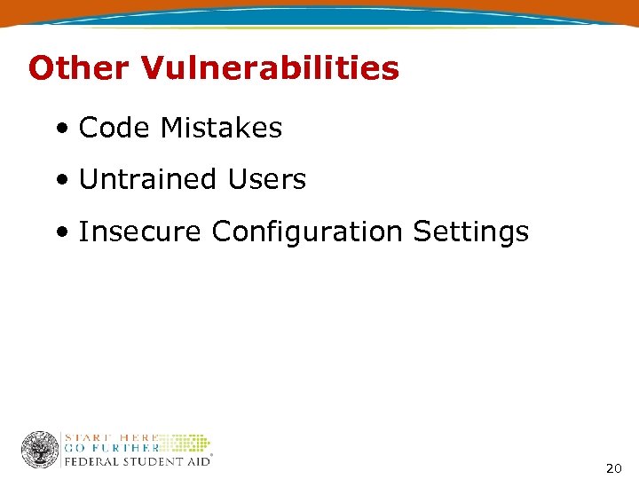 Other Vulnerabilities • Code Mistakes • Untrained Users • Insecure Configuration Settings 20 